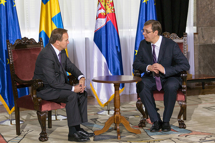 Stefan Löfven talking with Aleksandar Vučić