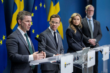 Ulf Kristersson, Prime Minister Ebba Busch, Minister for Energy, Business and Industry and Deputy Prime Minister Mats Persson, Minister for Education Pål Jonson, Minister for Defence