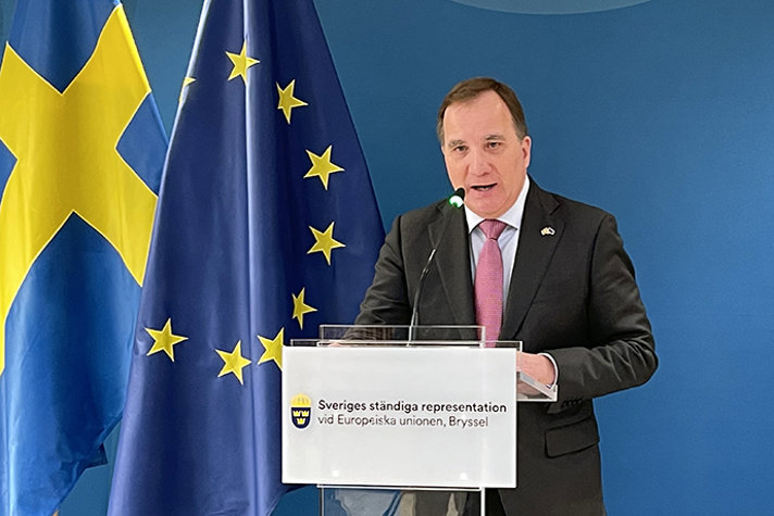 The Swedish Prime Minister at a press conference after the EU summit.
