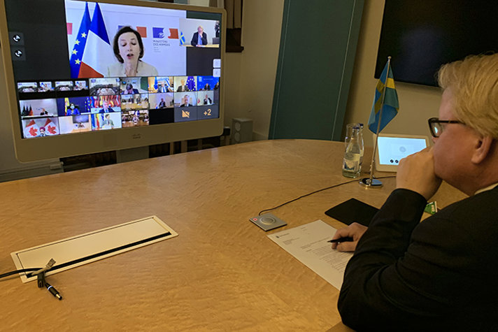 Minister for Defence Peter Hultqvist during the multilateral video meeting.