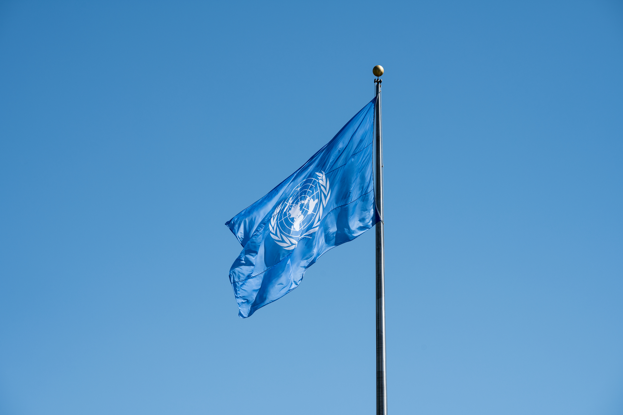UN flag against sky. 