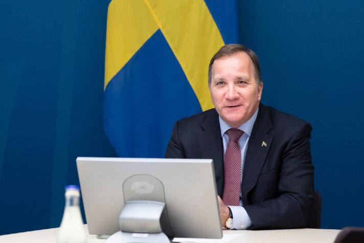 Prime Minister Stefan Löfven talking during a video conference