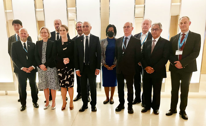 Minister for Health and Social Affairs Lena Hallengren together with UK Secretary of State for Health and Social Care Sajid Javid, and the other ministers in the Ministerial Alliance of Champions against Antimicrobial Resistance (AMR)