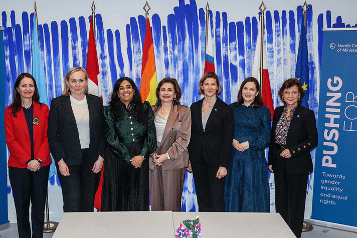 Minister for Gender Equality Nina Larsson stands with six women participating in a Nordic ministerial meeting in New York.